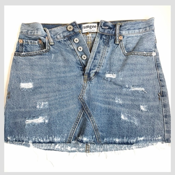Umgee Denim Distressed Raw Hem Mini Skirt - Picture 1 of 7